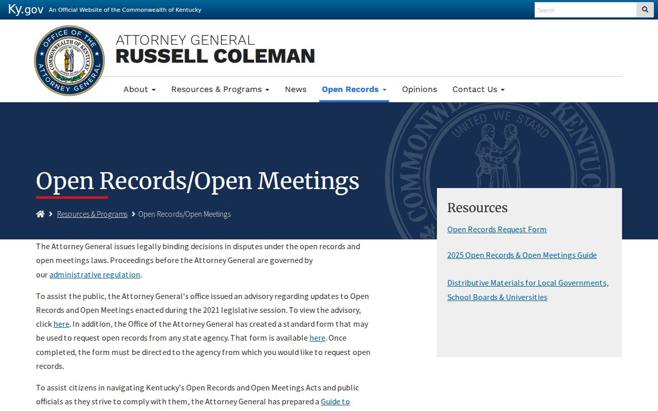Burkesville criminal records Kentucky Attorney General open-records resources